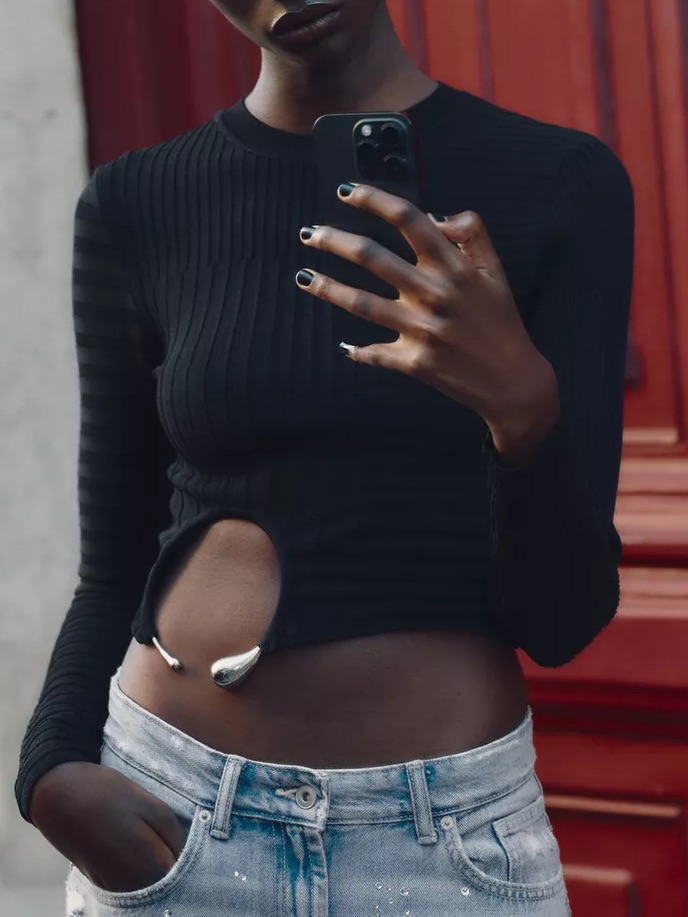 Zara Ribbed Knit Crop Top With Appliqu Fitted Long Sleeves Grunge Goth Festival